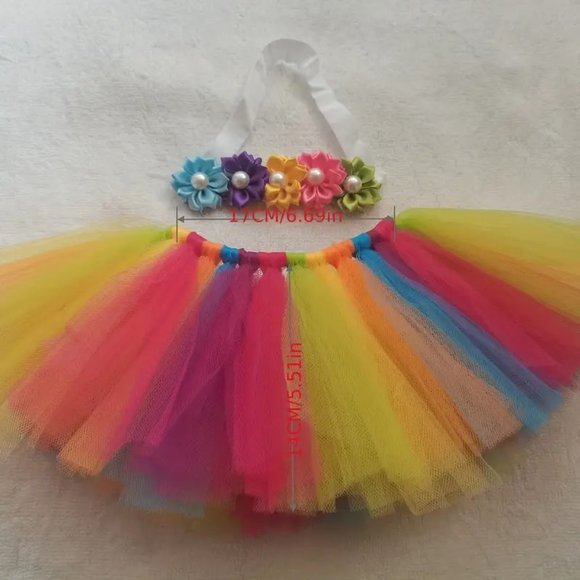 Set Baby Tutu Rainbow Skirt & Headband Flower Photography Prop 0-3 Mon GIFT - Picture 2 of 3